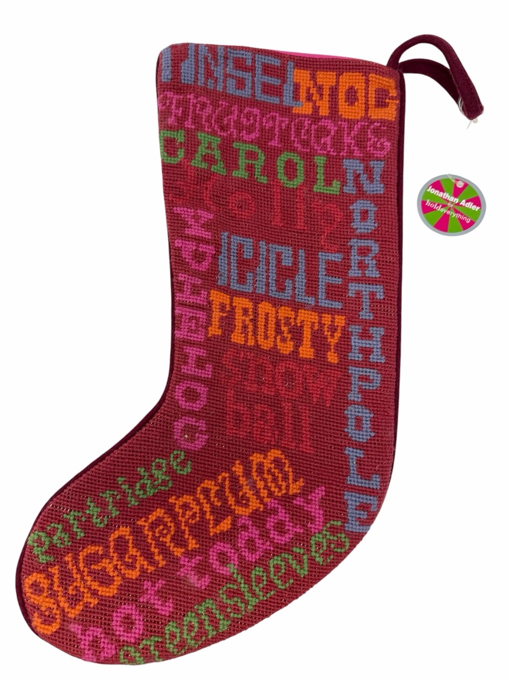 NWT Jonathan Adler Hold Everything Wool Needlepoint Holiday Stocking Multicolor